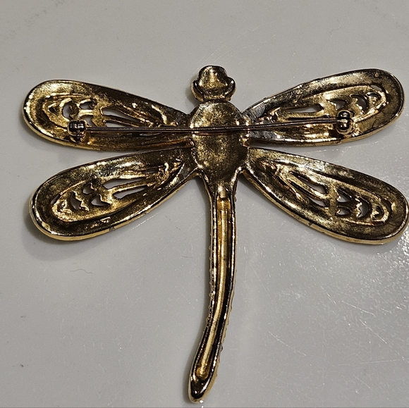 Vtg Gold Dragonfly Brooch  Rhinstones Black Enamel Umarked Possibly Vogue 3" x 2 - Picture 4 of 6